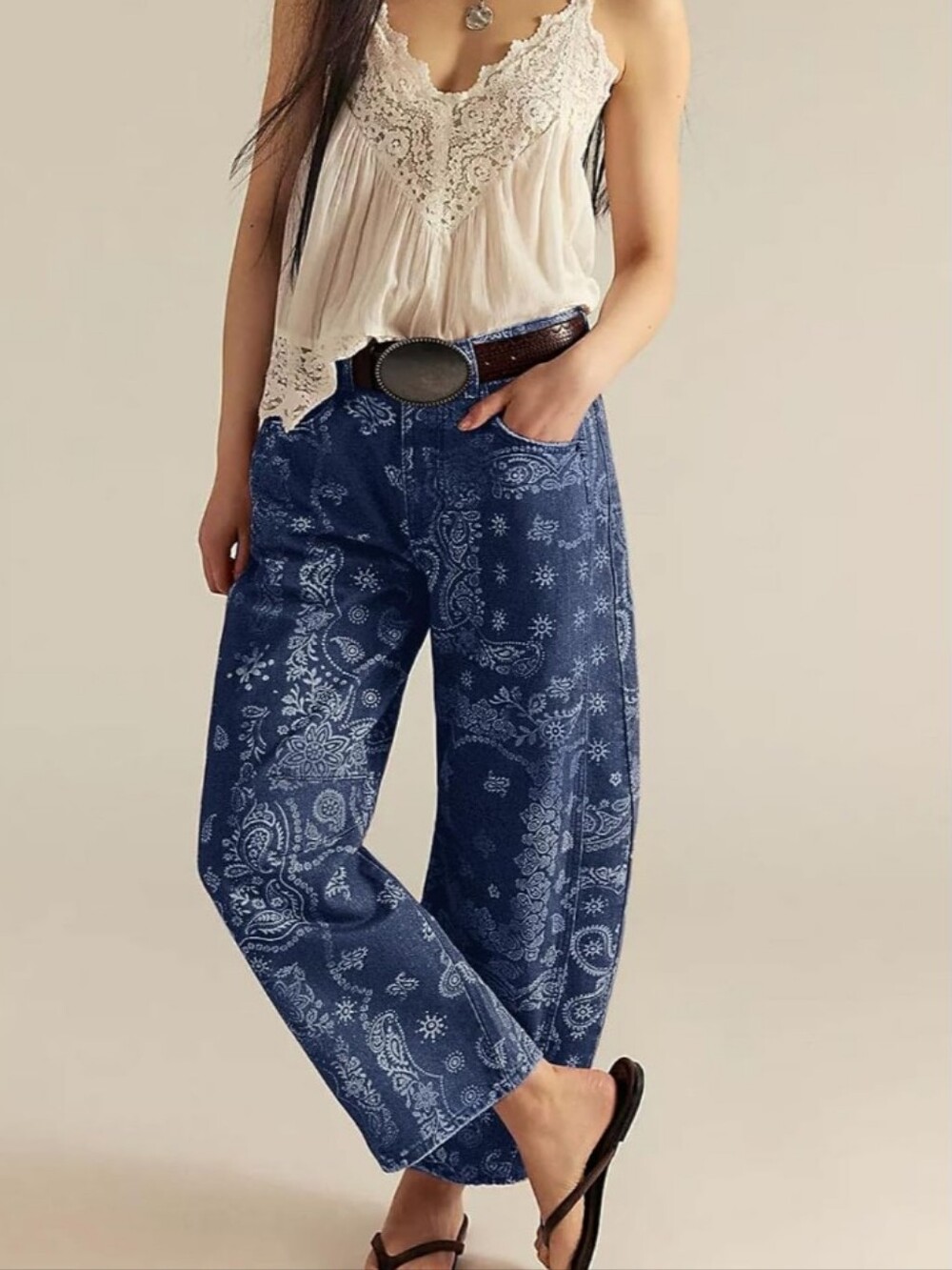 NWT Dark Blue Bandana Print Baggy Barrel Mid Rise Ankle Pant Size Medium